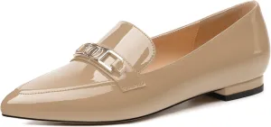 Metal Chain Loafers for Women Pointed Toe Slip on Flats Comfortable Fashion Work Shoes