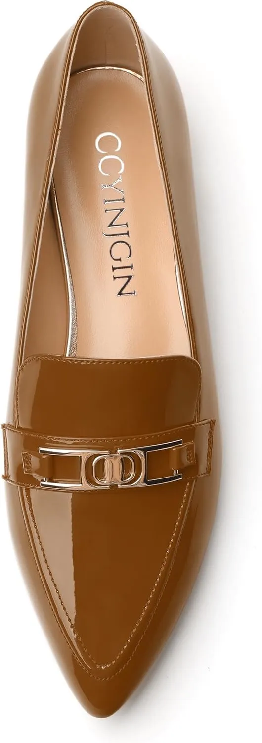 Metal Chain Loafers for Women Pointed Toe Slip on Flats Comfortable Fashion Work Shoes