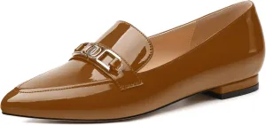 Metal Chain Loafers for Women Pointed Toe Slip on Flats Comfortable Fashion Work Shoes