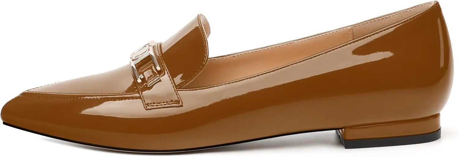 Metal Chain Loafers for Women Pointed Toe Slip on Flats Comfortable Fashion Work Shoes
