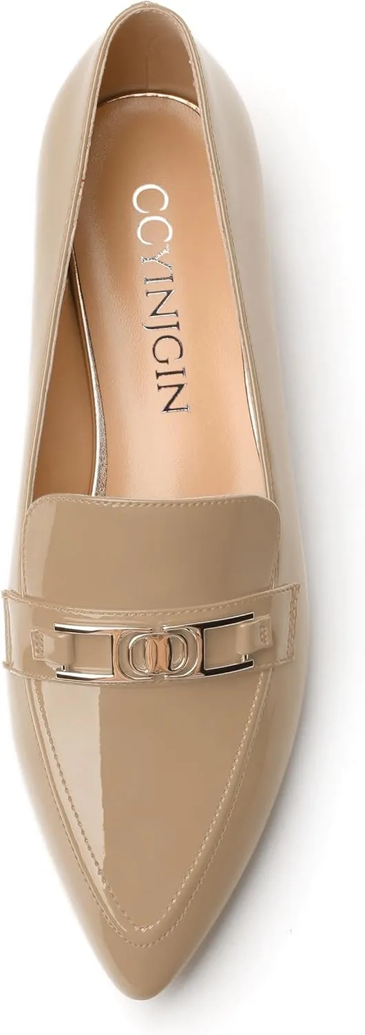Metal Chain Loafers for Women Pointed Toe Slip on Flats Comfortable Fashion Work Shoes
