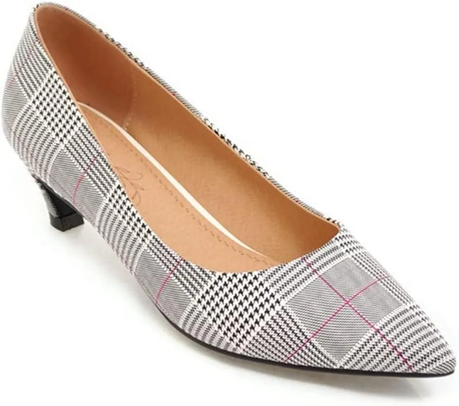 MIOKE Women's Fashion Plaid Comfort Low Kitten Heels Pumps Pointed Toe Slip On Office Party Dress Shoes