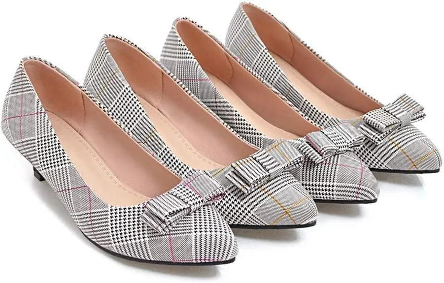 MIOKE Women's Fashion Plaid Comfort Low Kitten Heels Pumps Pointed Toe Slip On Office Party Dress Shoes