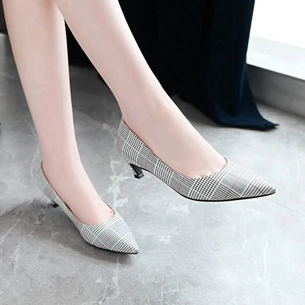 MIOKE Women's Fashion Plaid Comfort Low Kitten Heels Pumps Pointed Toe Slip On Office Party Dress Shoes