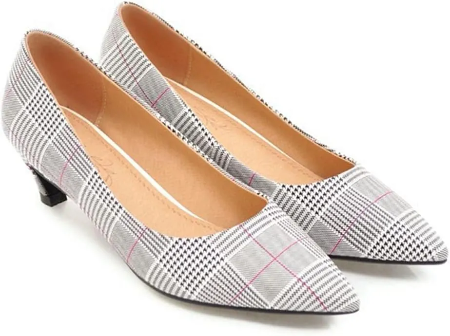 MIOKE Women's Fashion Plaid Comfort Low Kitten Heels Pumps Pointed Toe Slip On Office Party Dress Shoes