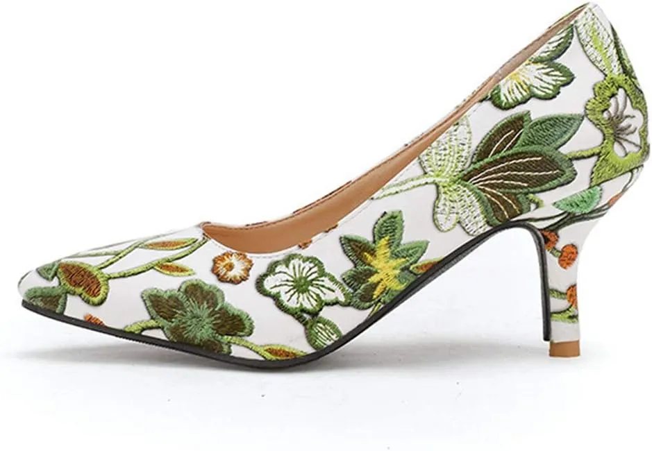 MIOKE Women's Retro Embroidered Flowers Kitten Heel Pumps Pointed Toe Slip On Stiletto Elegant Dress Shoes