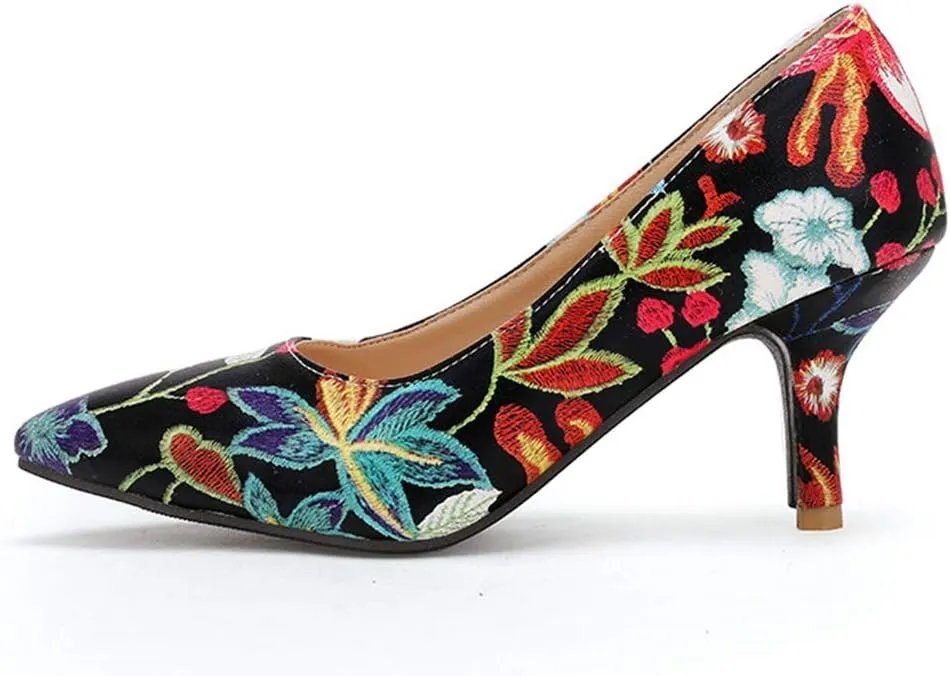 MIOKE Women's Retro Embroidered Flowers Kitten Heel Pumps Pointed Toe Slip On Stiletto Elegant Dress Shoes