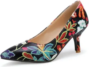 MIOKE Women's Retro Embroidered Flowers Kitten Heel Pumps Pointed Toe Slip On Stiletto Elegant Dress Shoes