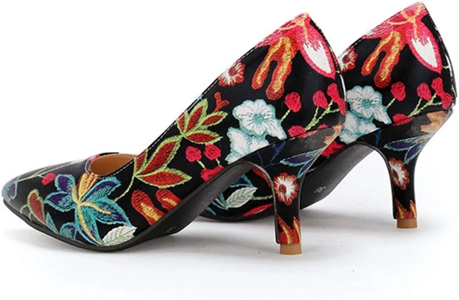 MIOKE Women's Retro Embroidered Flowers Kitten Heel Pumps Pointed Toe Slip On Stiletto Elegant Dress Shoes