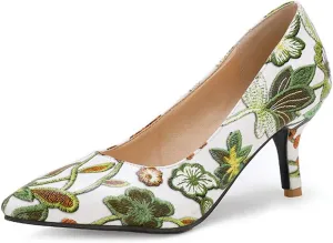 MIOKE Women's Retro Embroidered Flowers Kitten Heel Pumps Pointed Toe Slip On Stiletto Elegant Dress Shoes