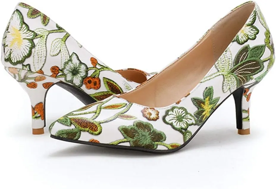MIOKE Women's Retro Embroidered Flowers Kitten Heel Pumps Pointed Toe Slip On Stiletto Elegant Dress Shoes