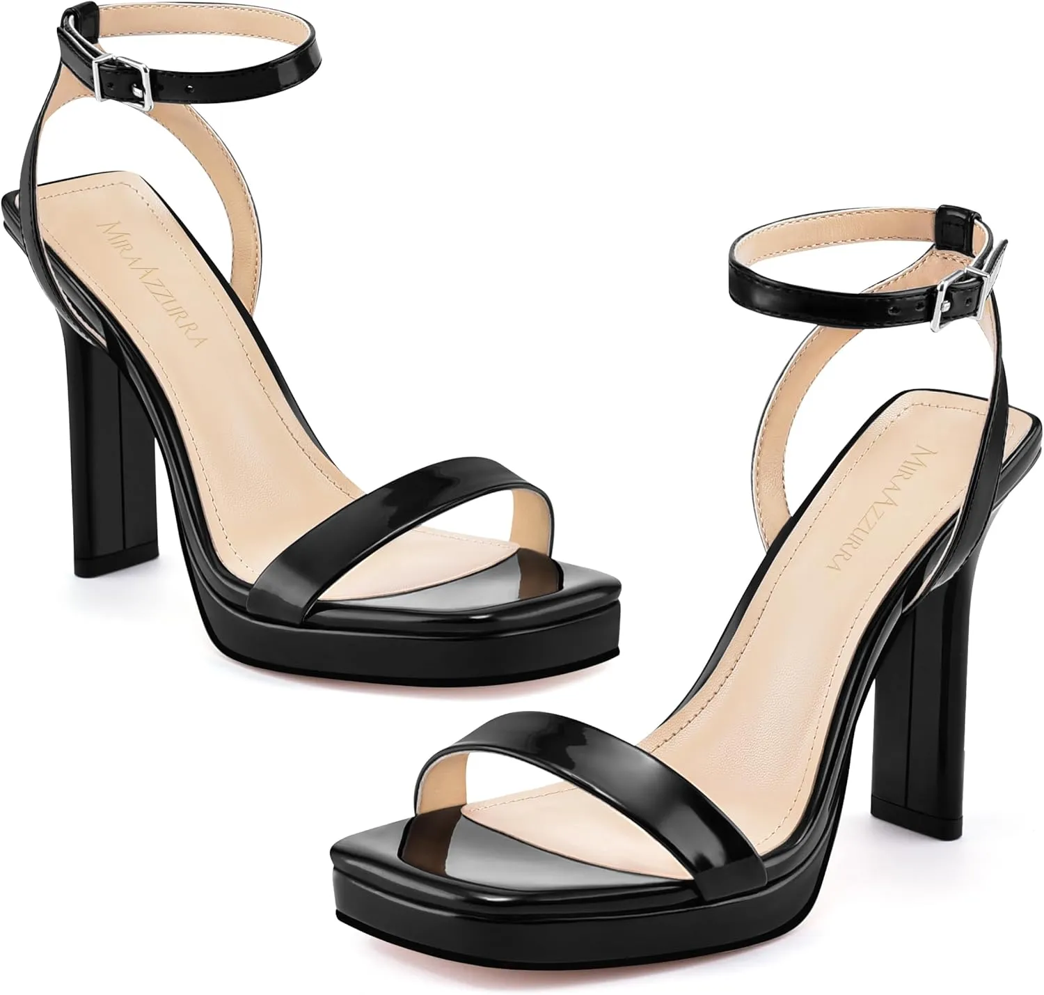 MIRAAZZURRA Platform Heels Square Open Toe Chunky High Heeled Sandals with Buckle Ankle Strap for Women Party Wedding