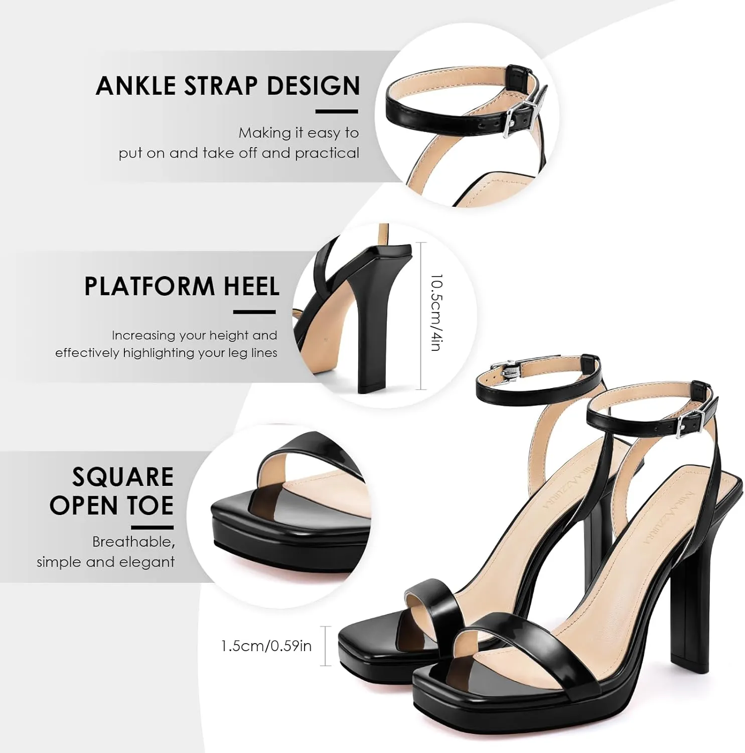 MIRAAZZURRA Platform Heels Square Open Toe Chunky High Heeled Sandals with Buckle Ankle Strap for Women Party Wedding