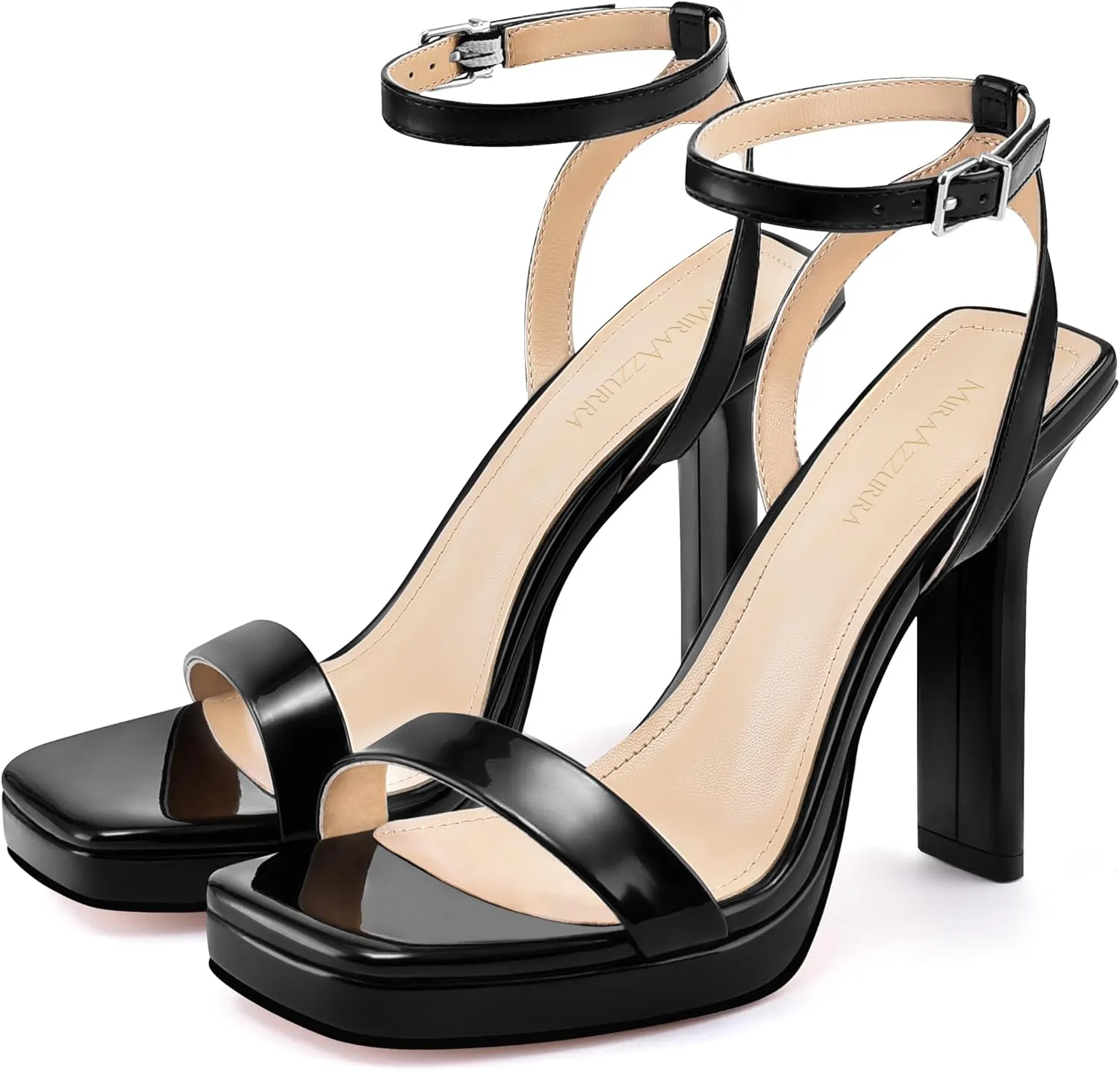 MIRAAZZURRA Platform Heels Square Open Toe Chunky High Heeled Sandals with Buckle Ankle Strap for Women Party Wedding