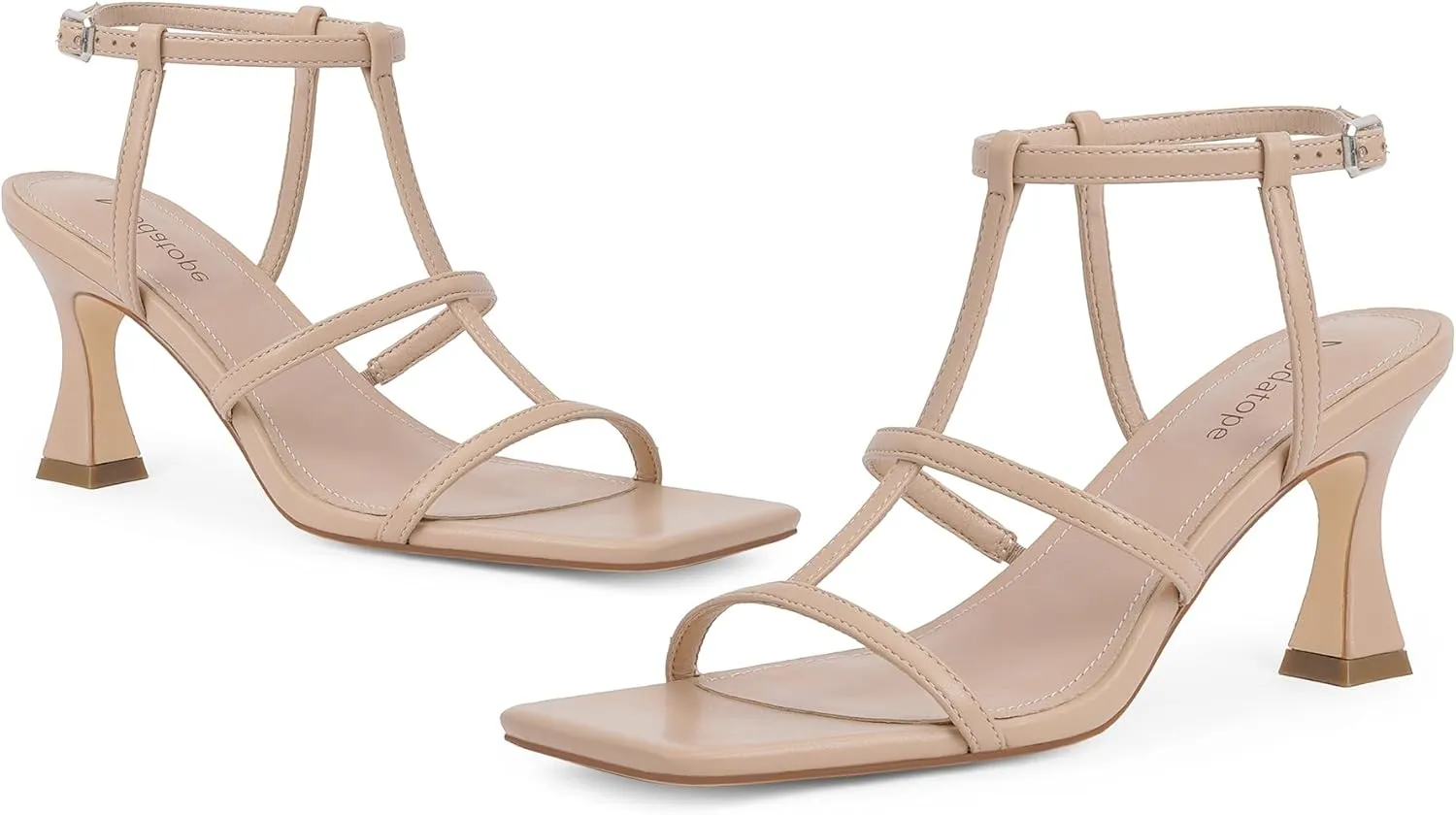 Modatope Strappy Sandals Women Square Toe Ankle Strap Kitten Stiletto Heeled Sandals Open Toe T-Strap Gladiator Sandals