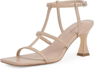 Modatope Strappy Sandals Women Square Toe Ankle Strap Kitten Stiletto Heeled Sandals Open Toe T-Strap Gladiator Sandals