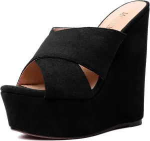 MODENCOCO Womens Platform Sexy Slip On Casual Open Toe Slide Suede Wedge High Heel Heeled Sandals 6 Inch