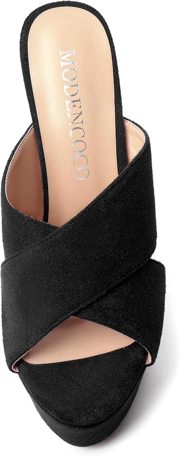 MODENCOCO Womens Platform Sexy Slip On Casual Open Toe Slide Suede Wedge High Heel Heeled Sandals 6 Inch