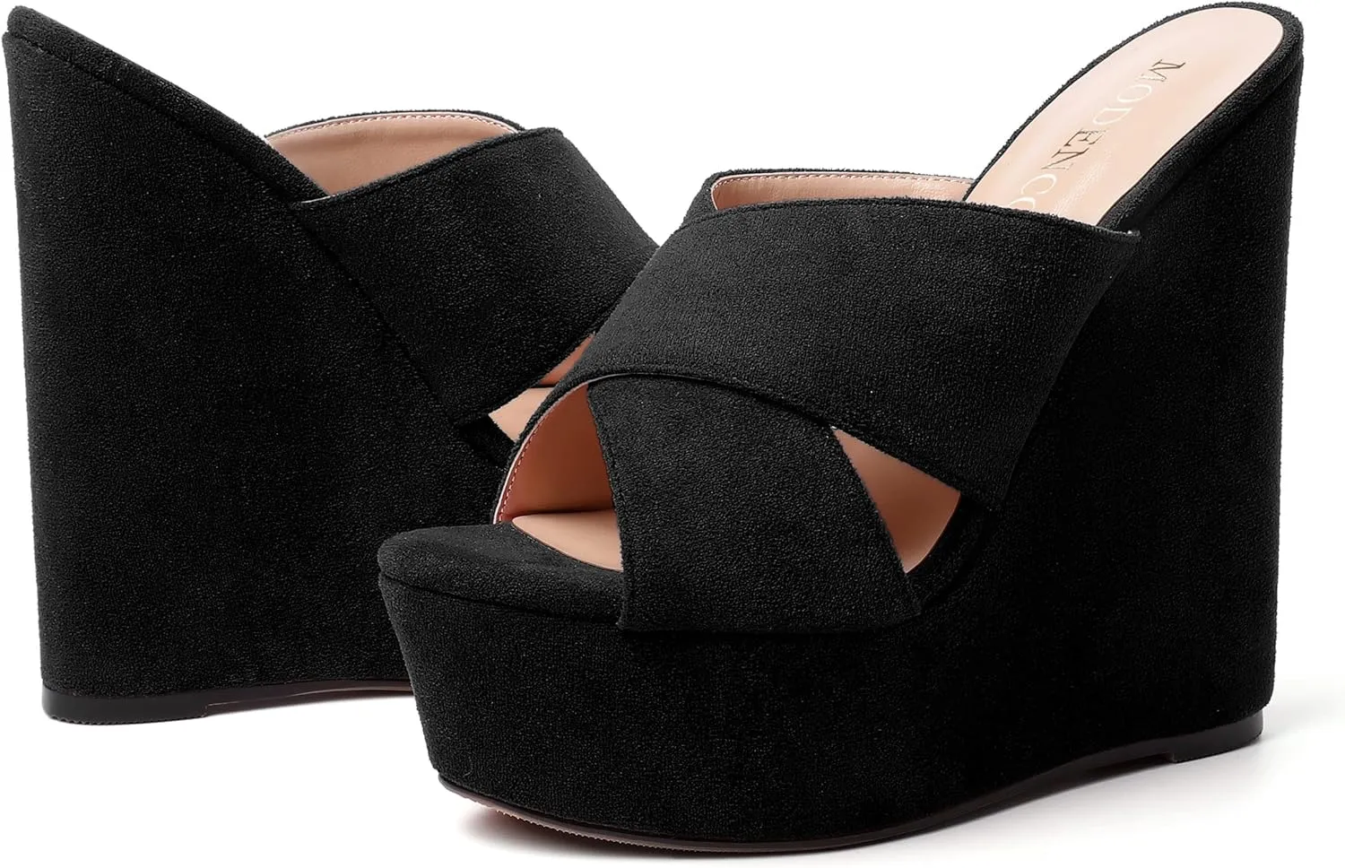 MODENCOCO Womens Platform Sexy Slip On Casual Open Toe Slide Suede Wedge High Heel Heeled Sandals 6 Inch