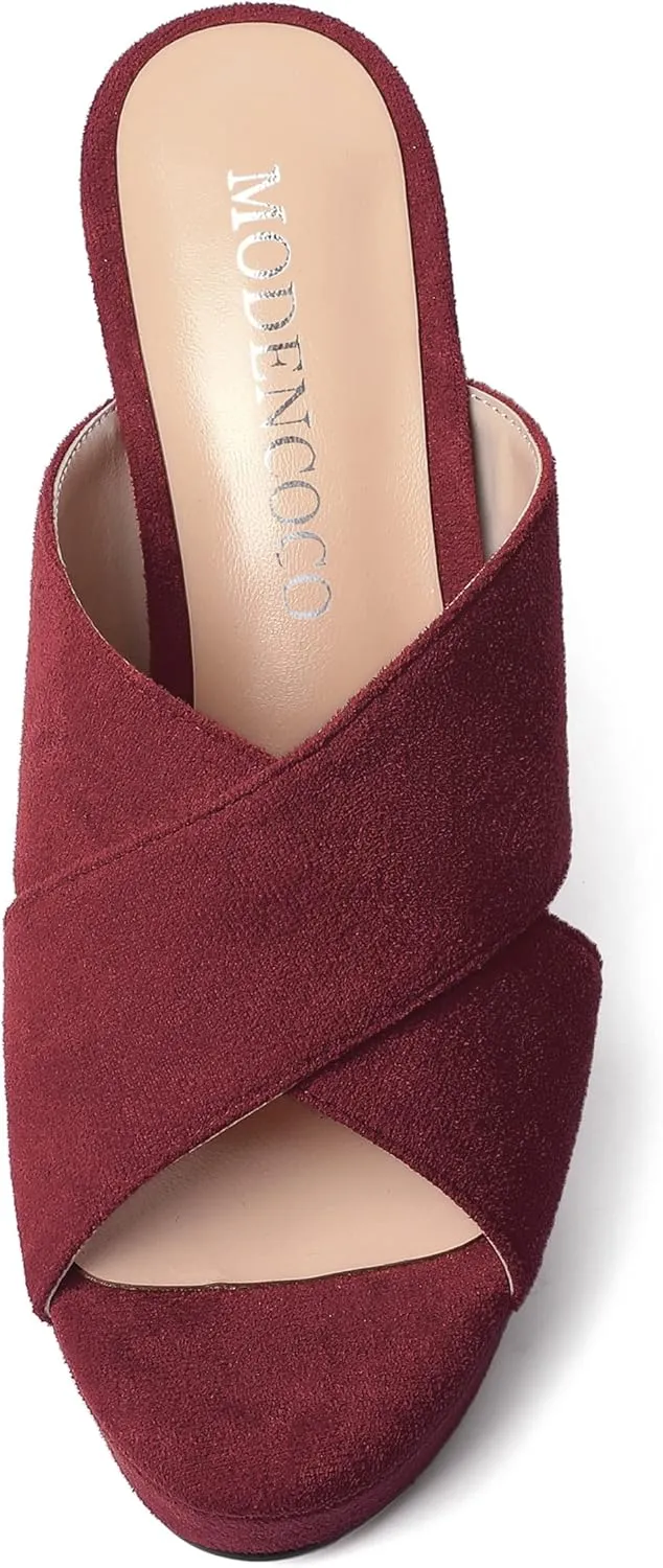 MODENCOCO Womens Suede Platform Slip On Open Toe Dressy Sexy Party Wedge High Heel Heeled Sandals 4 Inch