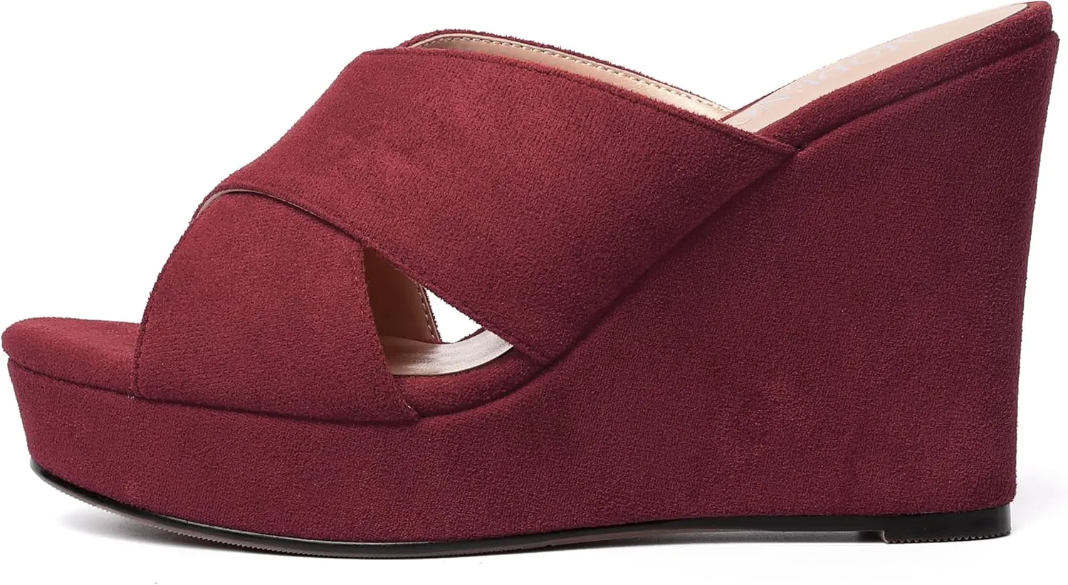 MODENCOCO Womens Suede Platform Slip On Open Toe Dressy Sexy Party Wedge High Heel Heeled Sandals 4 Inch