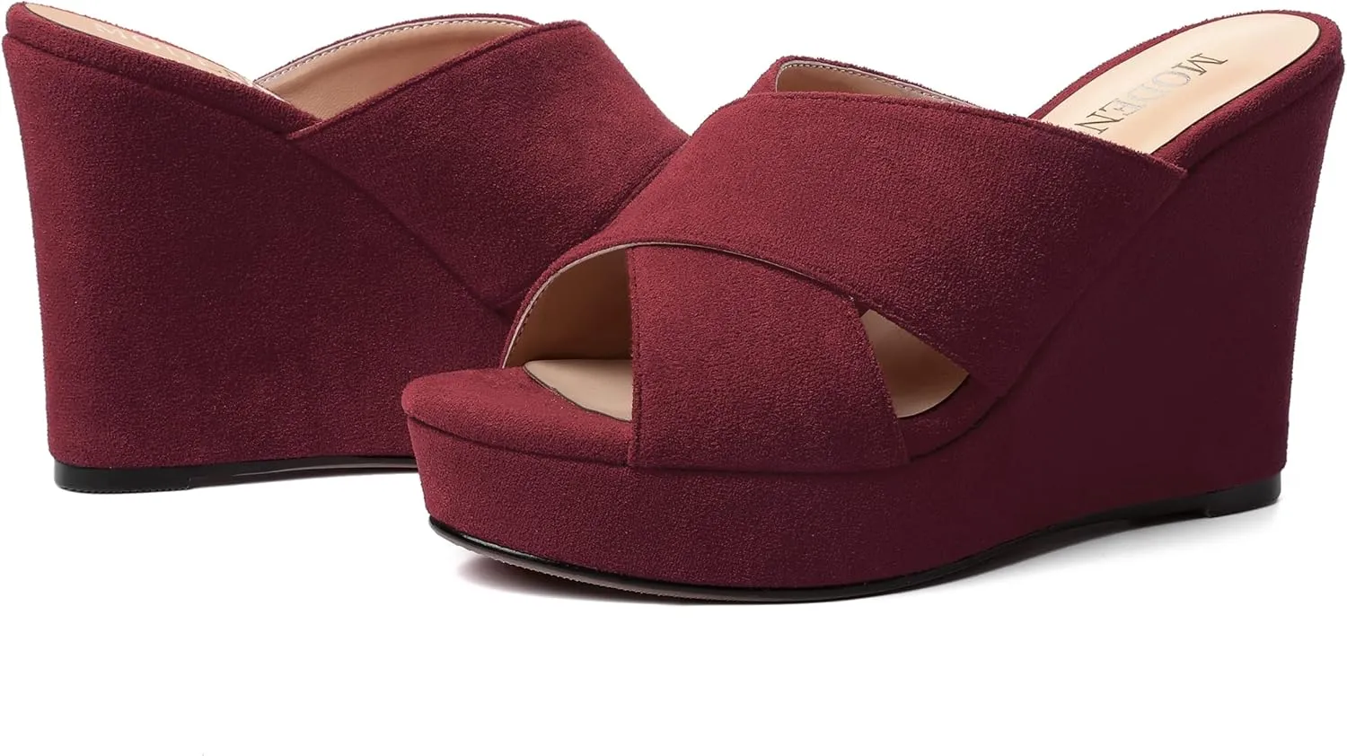 MODENCOCO Womens Suede Platform Slip On Open Toe Dressy Sexy Party Wedge High Heel Heeled Sandals 4 Inch