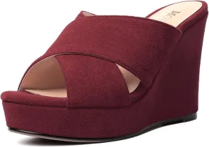 MODENCOCO Womens Suede Platform Slip On Open Toe Dressy Sexy Party Wedge High Heel Heeled Sandals 4 Inch