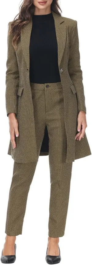MODFUL Women's 2 Piece Long Blazer with Pants Set Small Plaid Elegant Suit Set for Casual Business Office