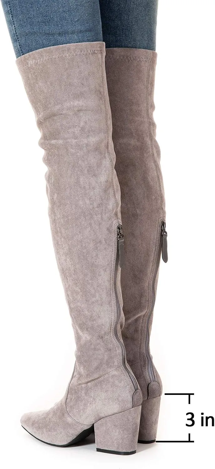 Mtzyoa Thigh High Block Heel Boot Women Pointed Toe Stretch Over The Knee Boots