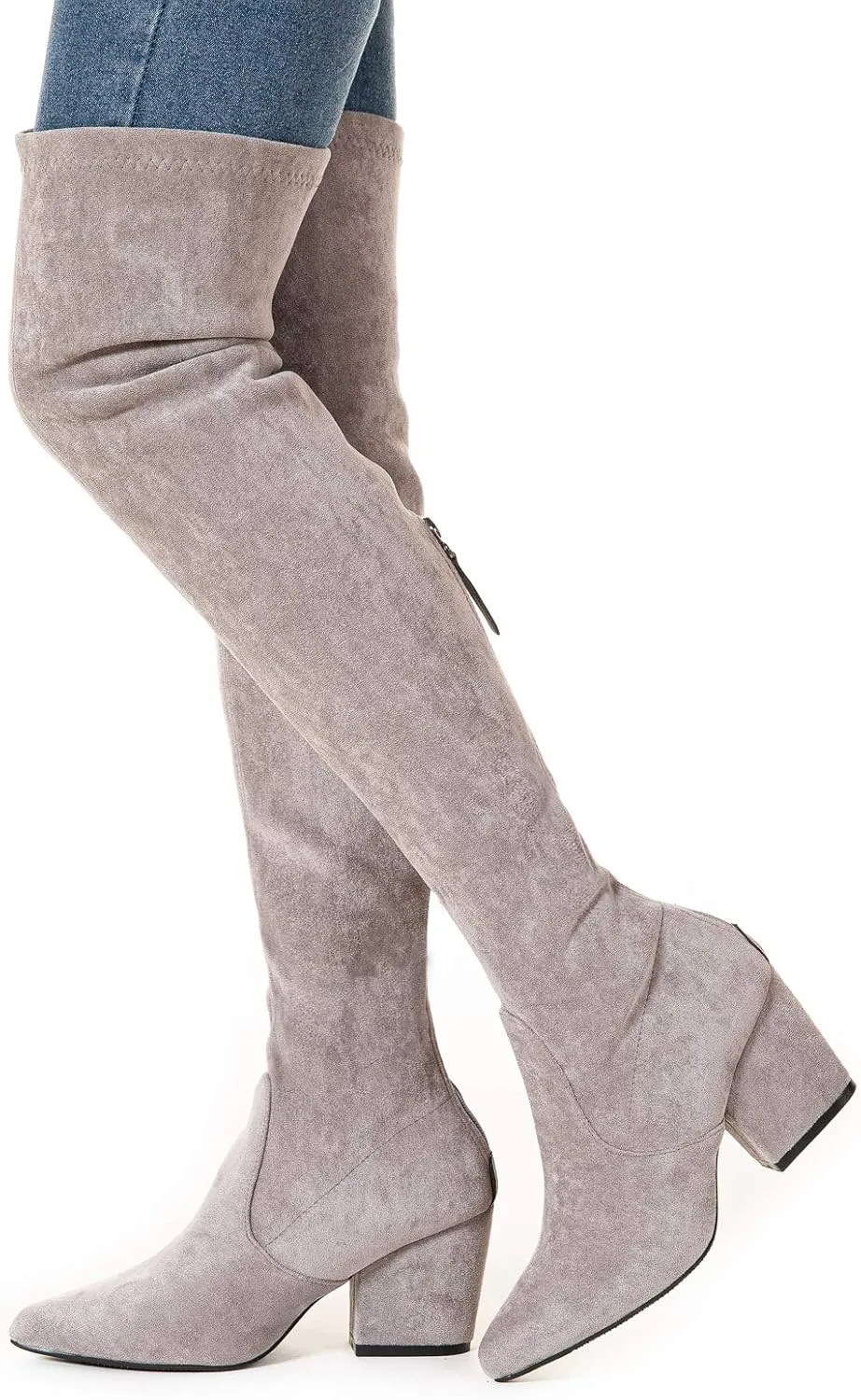 Mtzyoa Thigh High Block Heel Boot Women Pointed Toe Stretch Over The Knee Boots