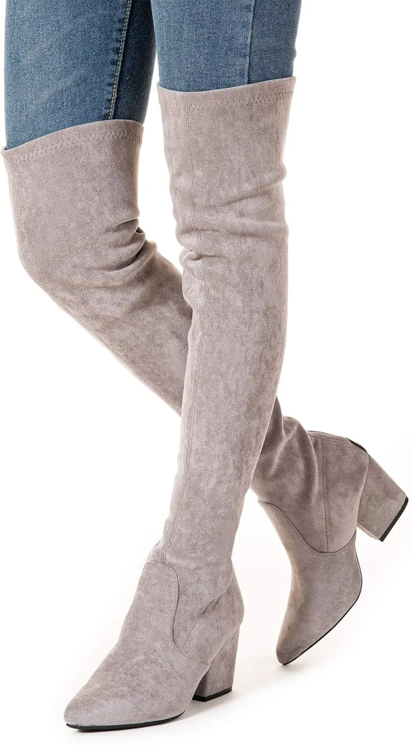 Mtzyoa Thigh High Block Heel Boot Women Pointed Toe Stretch Over The Knee Boots