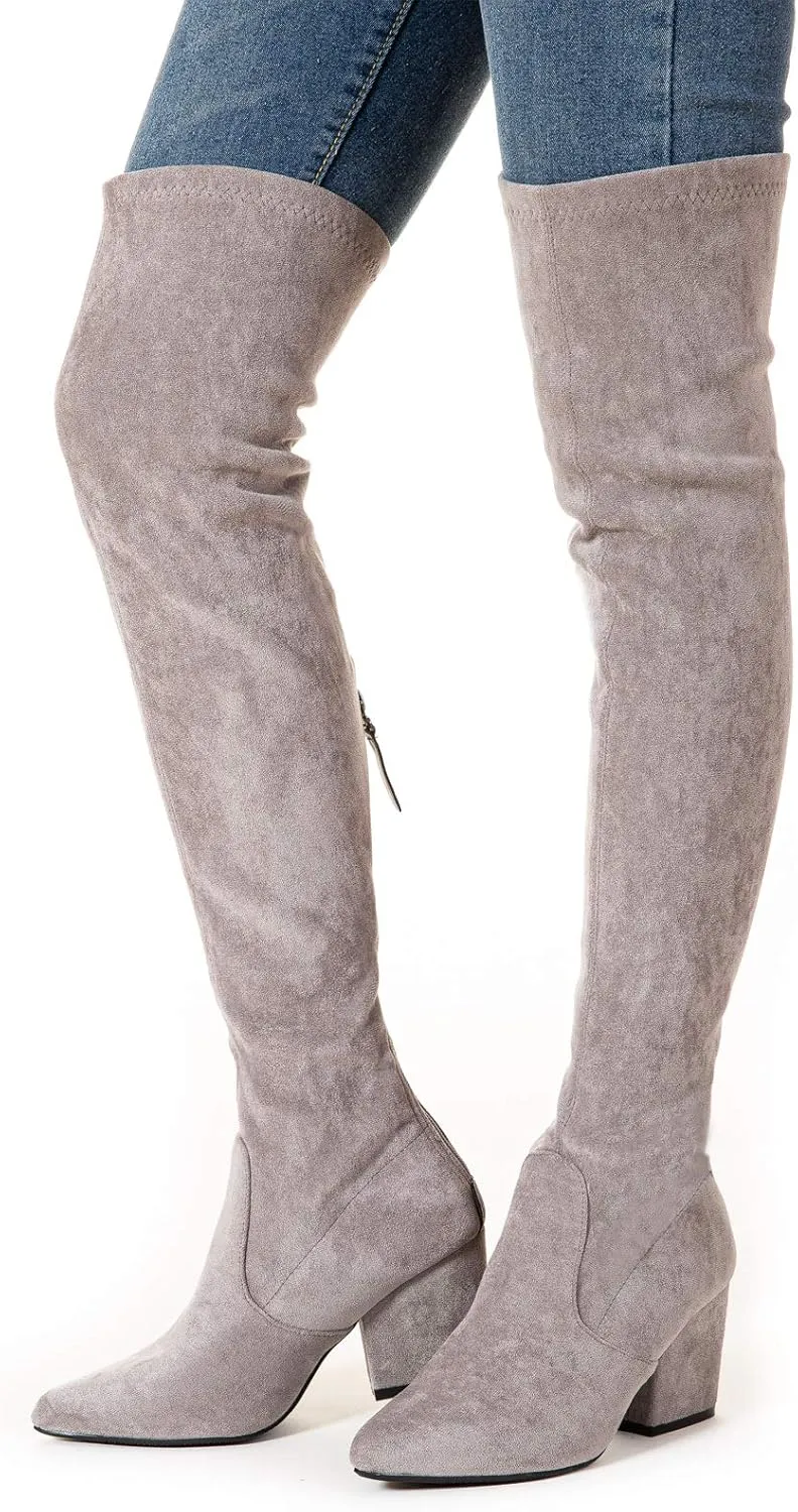 Mtzyoa Thigh High Block Heel Boot Women Pointed Toe Stretch Over The Knee Boots