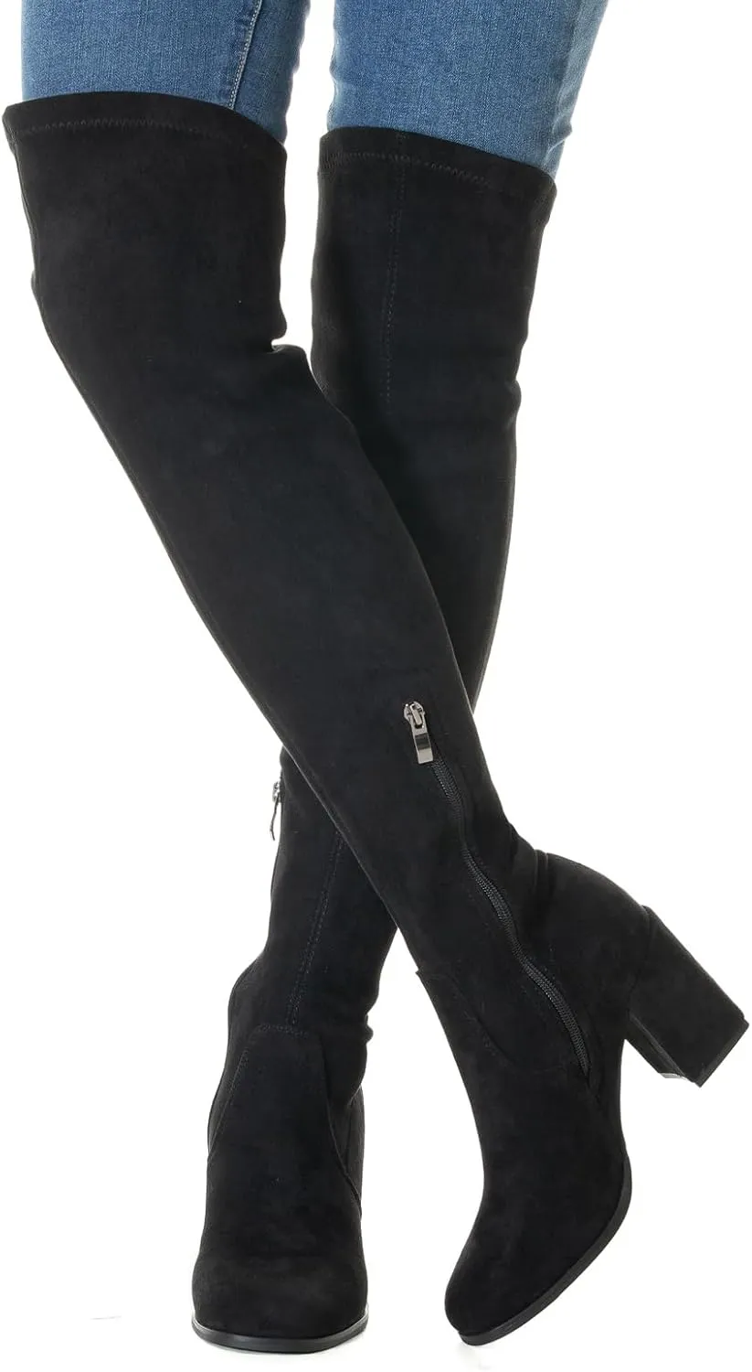 Mtzyoa Women Over The Knee Boots Thigh High Block Heel OTK Stretch Stiletto Heel Pointed Toe