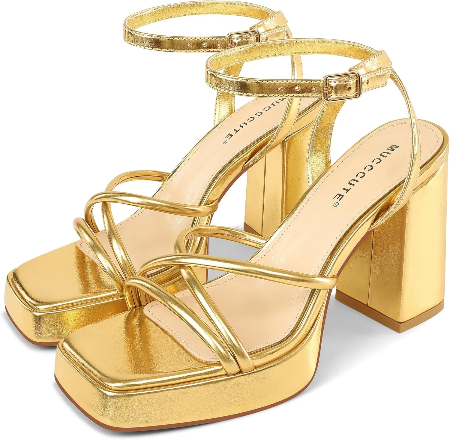 MUCCCUTE Platform Heels for Women Strappy Chunky Heeled Sandals Square Open Toe Ankle Strap Comfortable Wedding Party Evening Prom Dress Shoes