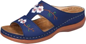 Mule with Arch Support Womens Casual Wedge Sandals Shoes Wide Width Open Toe Slip On Sandals for Women Summer Dressy Orthotic Platform Slipper Embroidered Flower Hollow Fish Mouth Sandal
