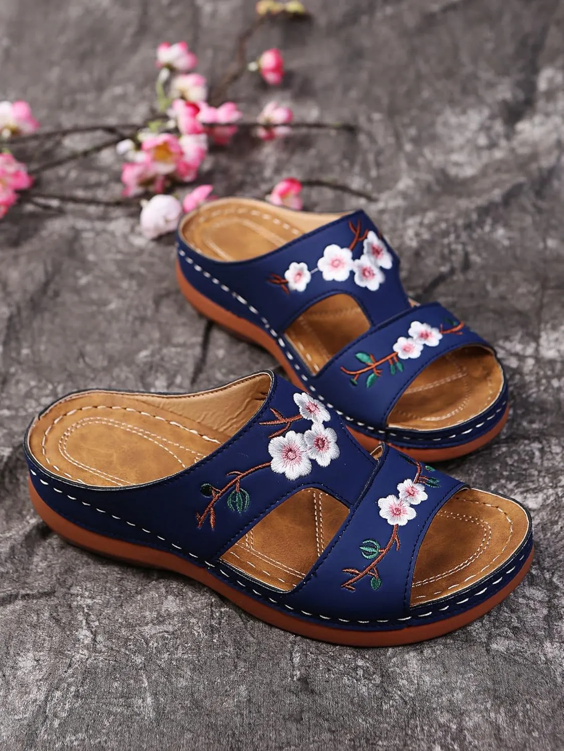 Mule with Arch Support Womens Casual Wedge Sandals Shoes Wide Width Open Toe Slip On Sandals for Women Summer Dressy Orthotic Platform Slipper Embroidered Flower Hollow Fish Mouth Sandal