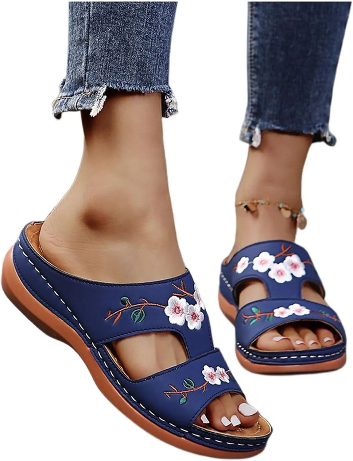 Mule with Arch Support Womens Casual Wedge Sandals Shoes Wide Width Open Toe Slip On Sandals for Women Summer Dressy Orthotic Platform Slipper Embroidered Flower Hollow Fish Mouth Sandal