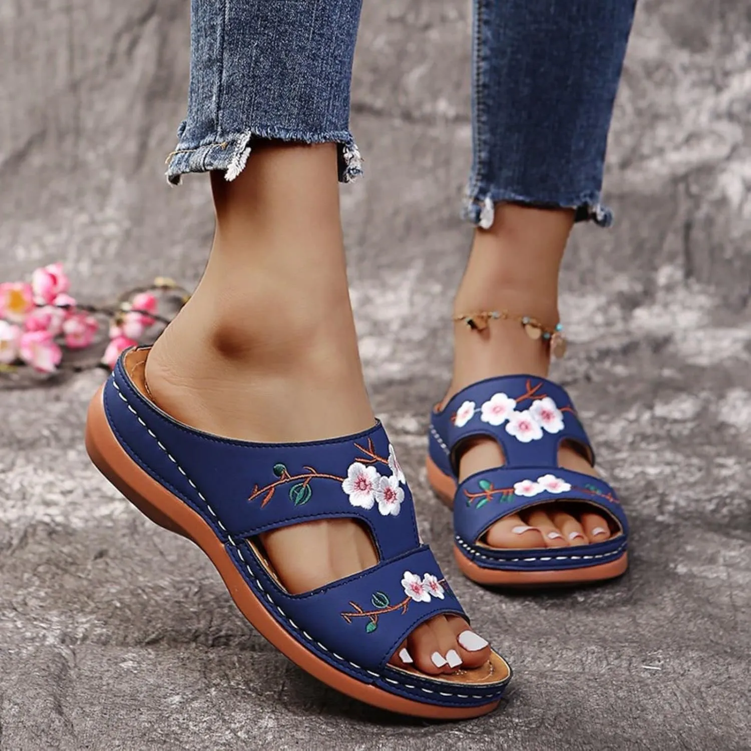 Mule with Arch Support Womens Casual Wedge Sandals Shoes Wide Width Open Toe Slip On Sandals for Women Summer Dressy Orthotic Platform Slipper Embroidered Flower Hollow Fish Mouth Sandal