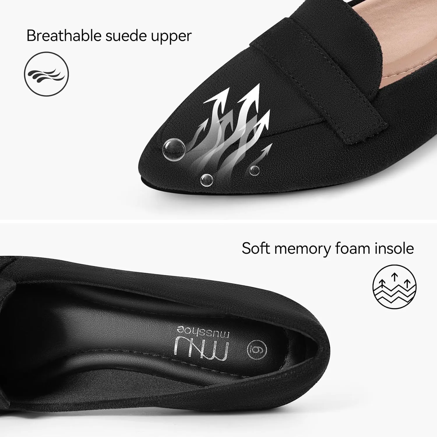 MUSSHOE Flats for Women Comfortable Pointed Toe Slip on Dressy Loafers for Women