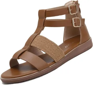 NEKGNL Women's Leather Dual Buckle Flat Gladiator Sandals Fashion Bohemian Round Open Toe Back Zipper Roman Sandals Summer Breathable Beach Walking Sandals