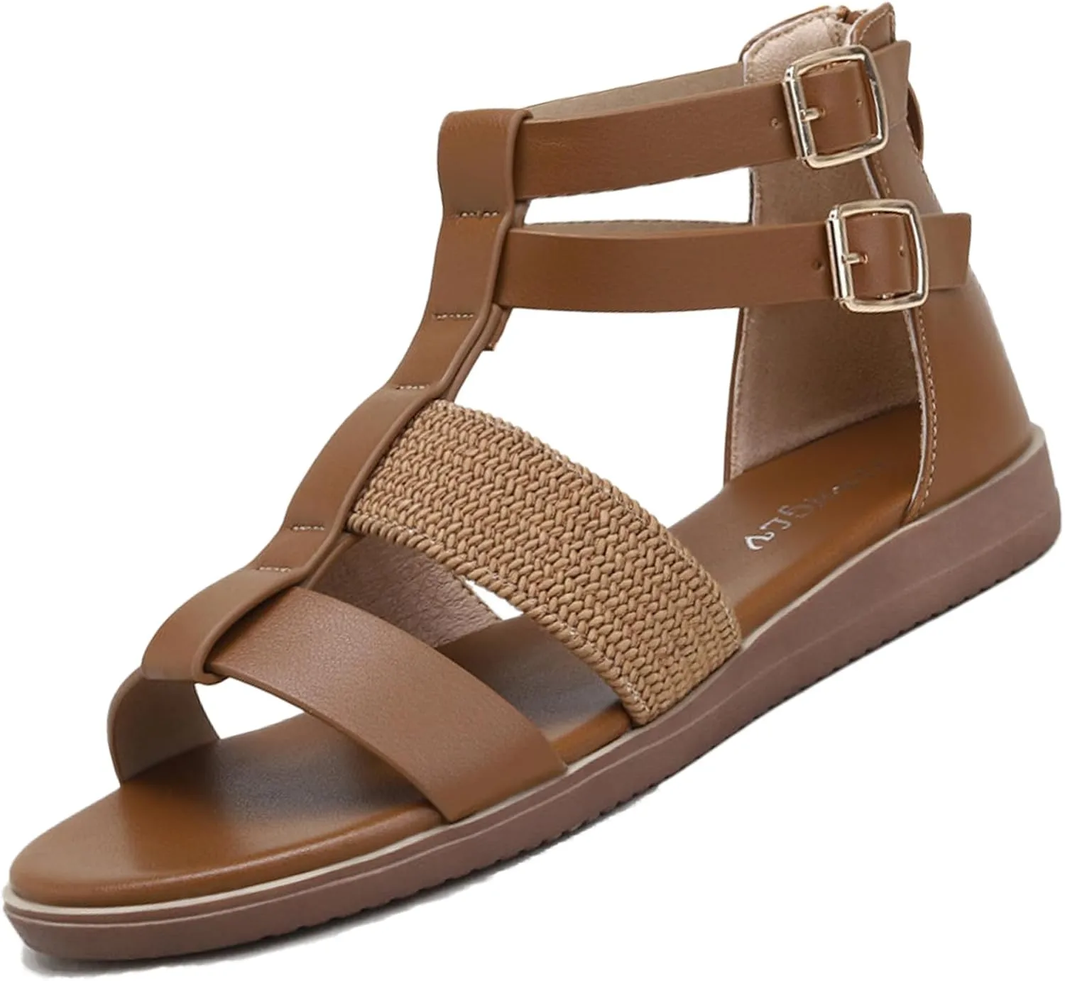 NEKGNL Women's Leather Dual Buckle Flat Gladiator Sandals Fashion Bohemian Round Open Toe Back Zipper Roman Sandals Summer Breathable Beach Walking Sandals