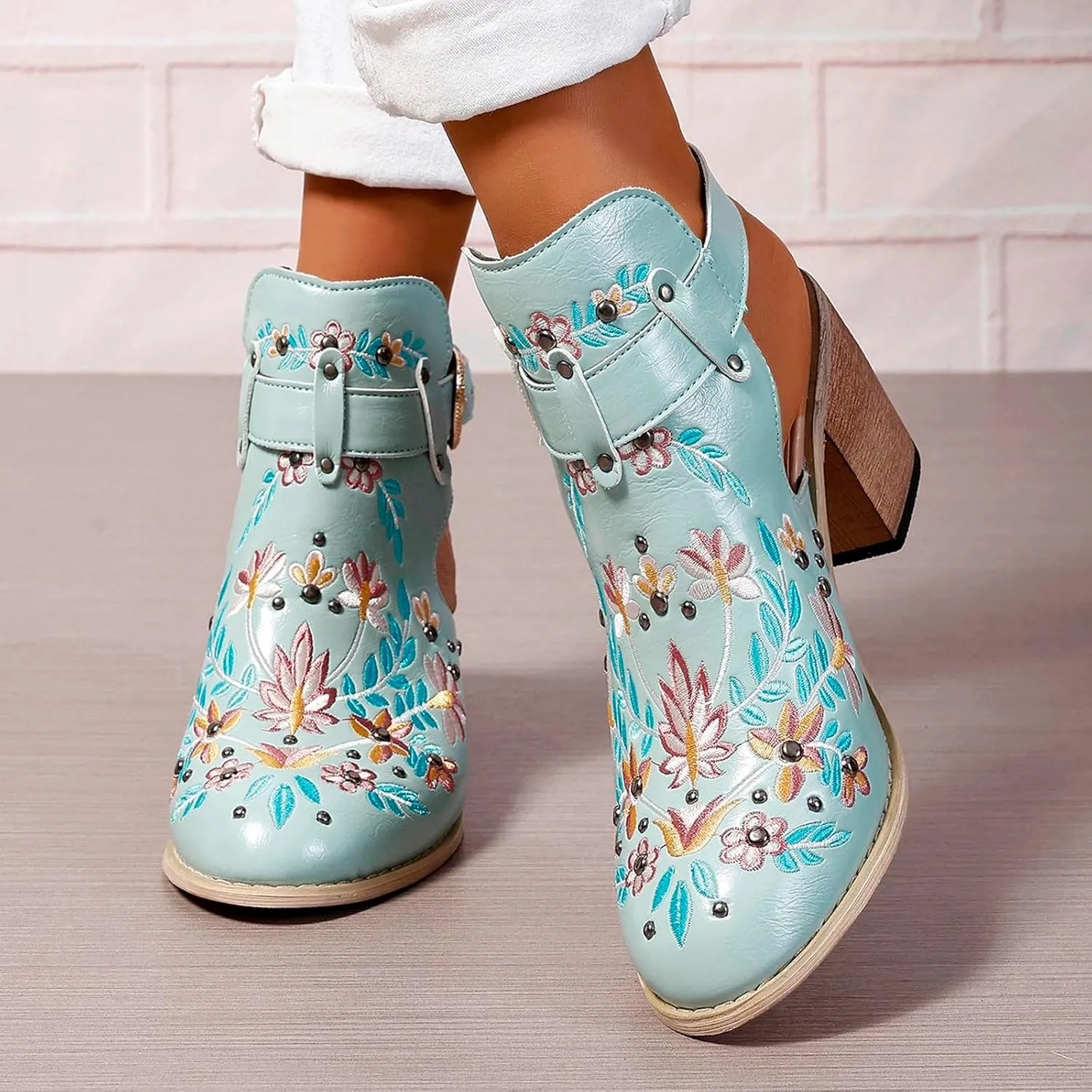 New Europe and The United States Foreign Trade Embroidery Retro High Heeled Shoes Womens Booties and Boots Open Toe