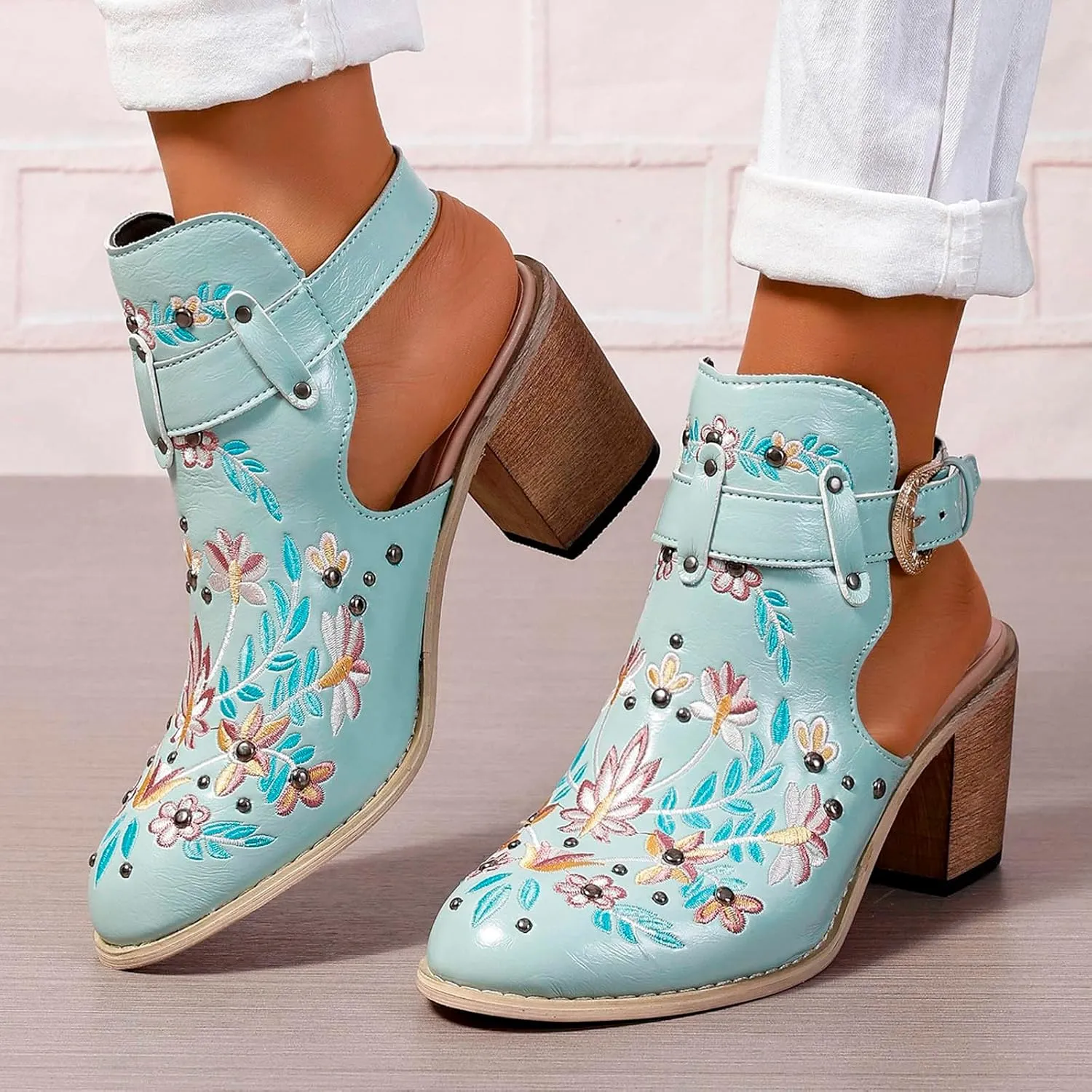 New Europe and The United States Foreign Trade Embroidery Retro High Heeled Shoes Womens Booties and Boots Open Toe