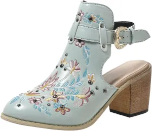 New Europe and The United States Foreign Trade Embroidery Retro High Heeled Shoes Womens Booties and Boots Open Toe