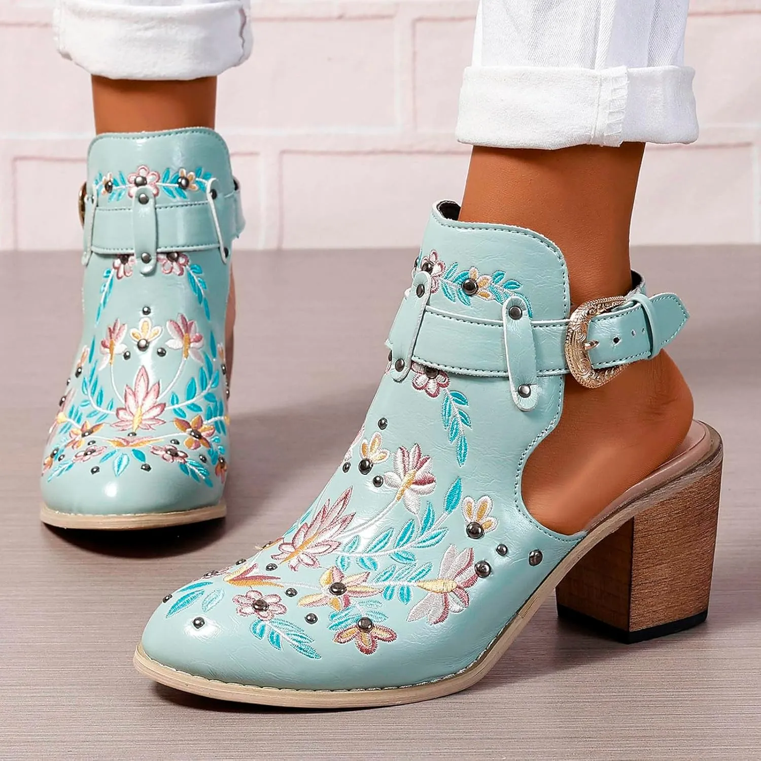 New Europe and The United States Foreign Trade Embroidery Retro High Heeled Shoes Womens Booties and Boots Open Toe