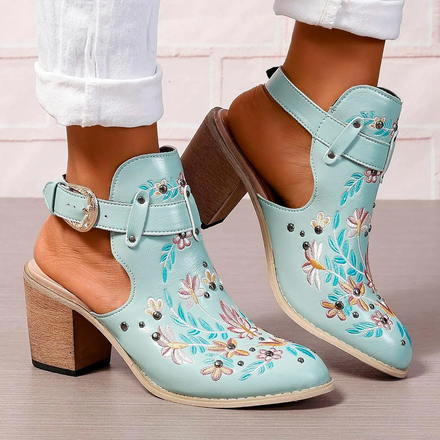 New Europe and The United States Foreign Trade Embroidery Retro High Heeled Shoes Womens Booties and Boots Open Toe
