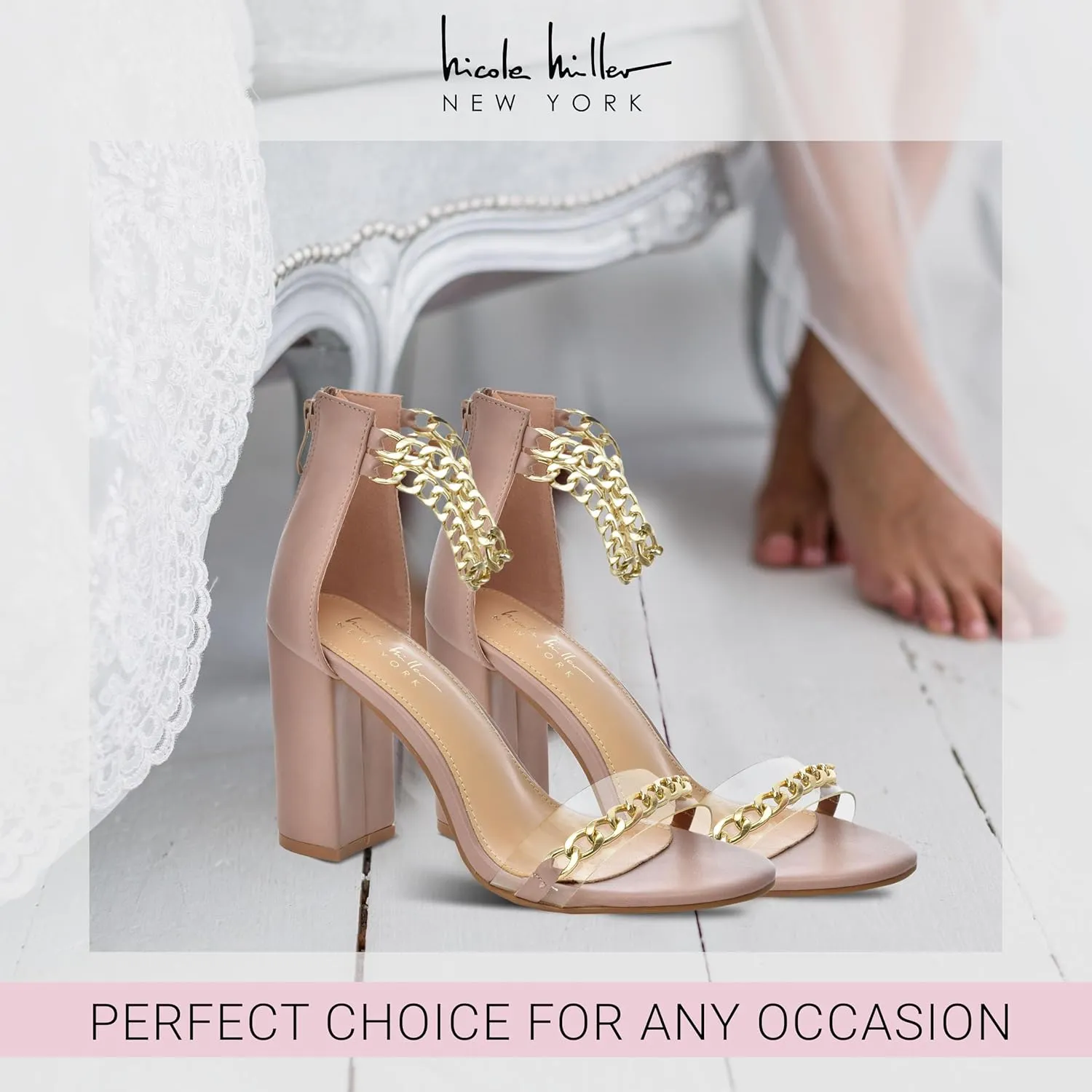 Nicole Miller Gabriella Women's Sandals, Women's Sandals with High Heels - Open Toe with Ankle Chain Strap and Back Zipper, Wedding Shoes for Bride, Fashionable High Heel Sandals for Parties