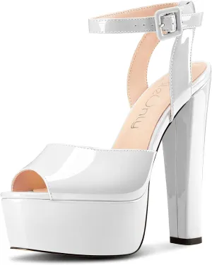 NobleOnly Platform Heels for Women Platform Sandals Chunky Heel Peep Open Toe Ankle Strap Sandals Wedding Party Prom Shoes 5.9 Inches Heels