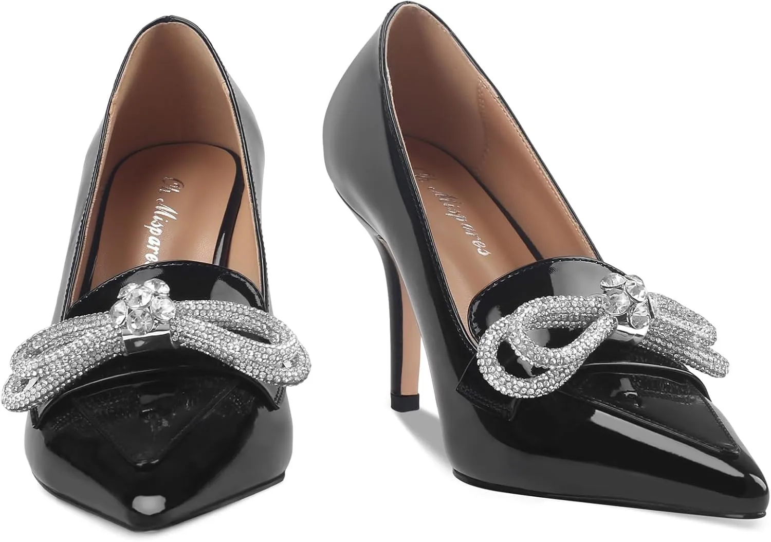 Oh Mispares Women's High Heel Pumps Pointed Toe Rhinestone Bow Pumps Closed Toe Stilettos Bridal Heels Slip On Office Wedding Party Dress Shoes 3.5 Inch