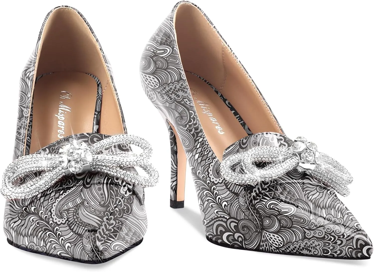Oh Mispares Women's High Heel Pumps Pointed Toe Rhinestone Bow Pumps Closed Toe Stilettos Bridal Heels Slip On Office Wedding Party Dress Shoes 3.5 Inch